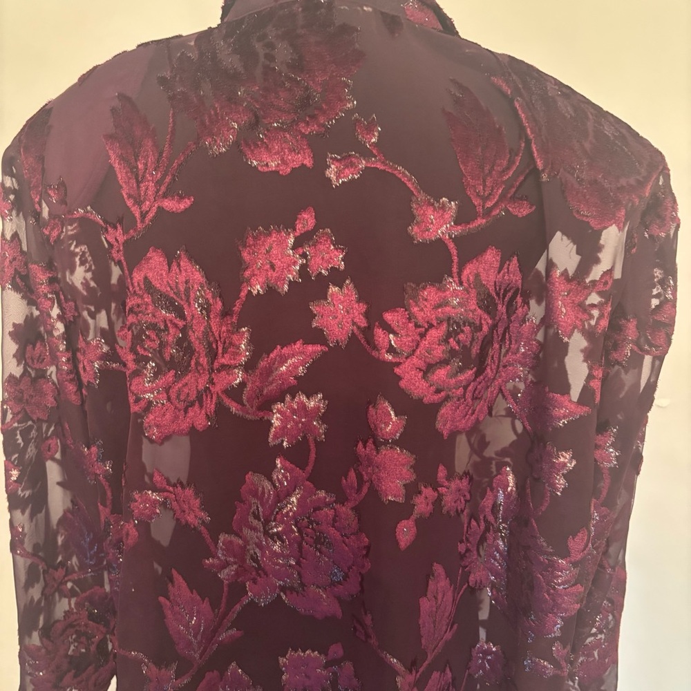 Burgundy Purple Burnout Velvet Floral Button Up Sheer Shirt Top 2X Whimsigoth - Picture 9 of 13